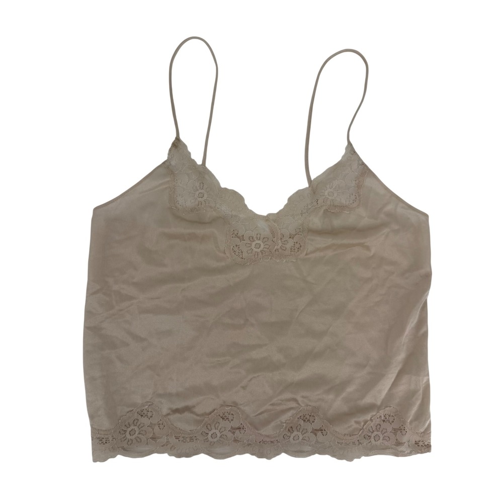 Vintage 60s Flair ILGWU Lace Trim Camisole Champagne Beige Nylon Tank Top Small
